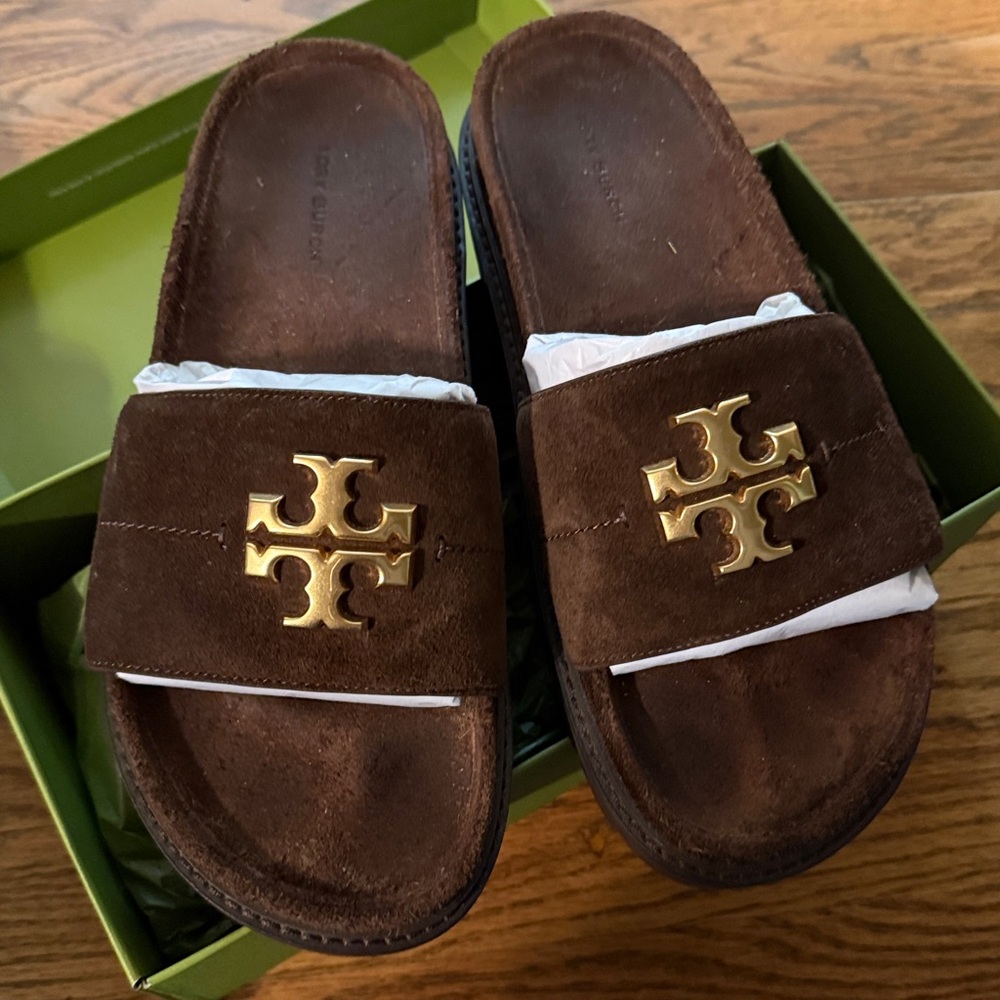Brown suede TB SLIDES